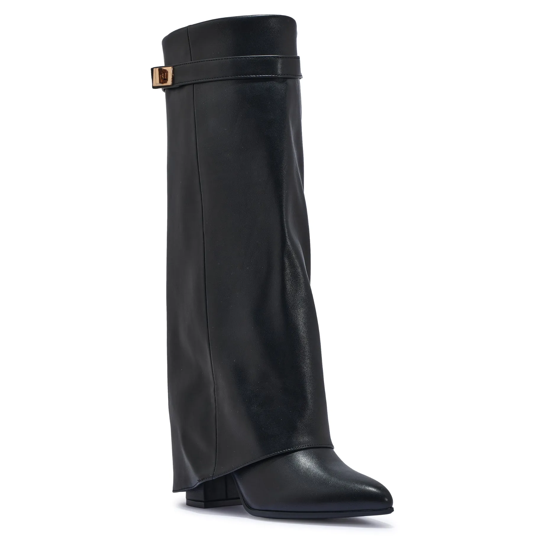 BAILEYS14 FAUX LEATHER FOLD OVER KNEE HIGH BOOT WITH GOLD BUCKLE