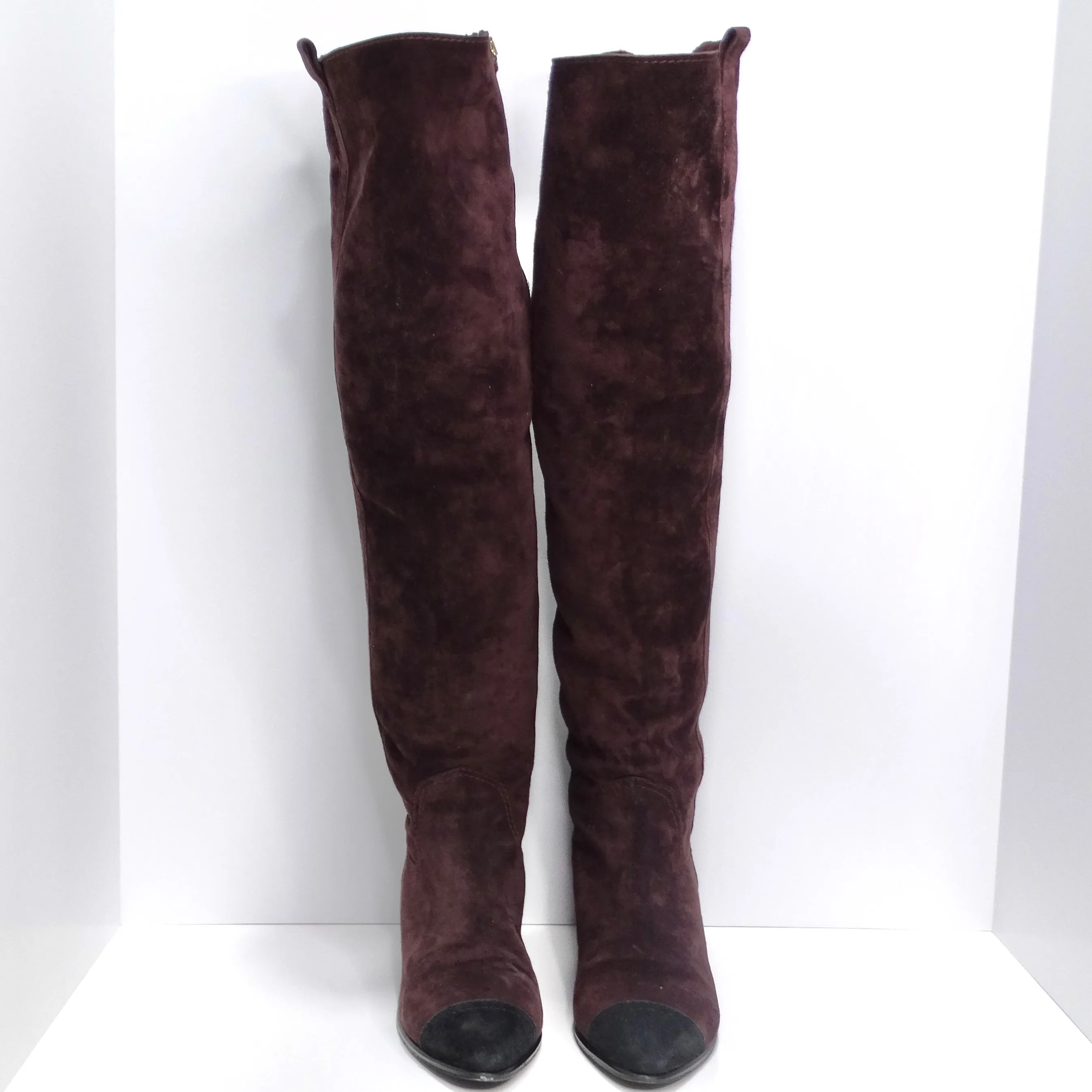 Chanel Burgundy Suede Cap Toe Over The Knee Boots