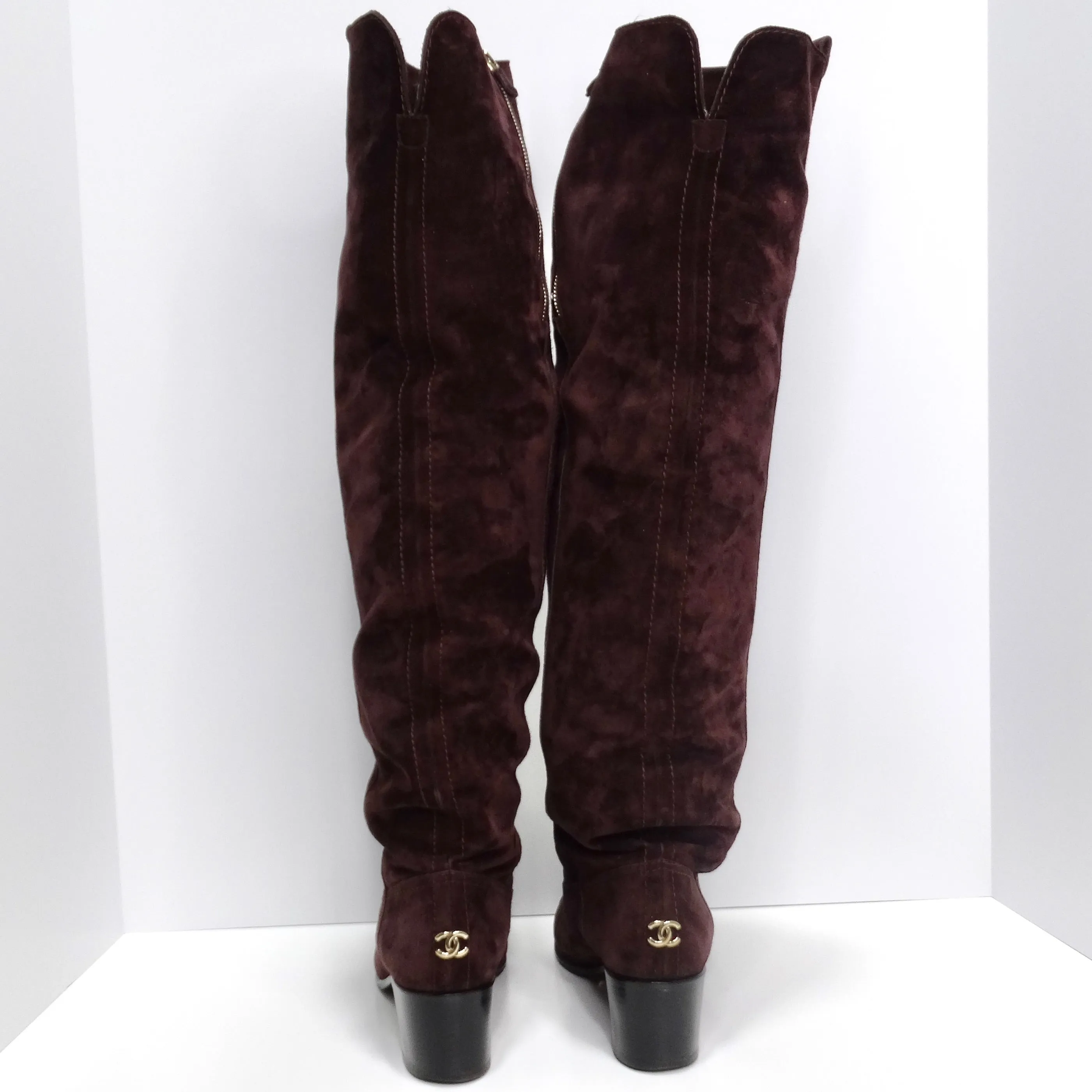 Chanel Burgundy Suede Cap Toe Over The Knee Boots