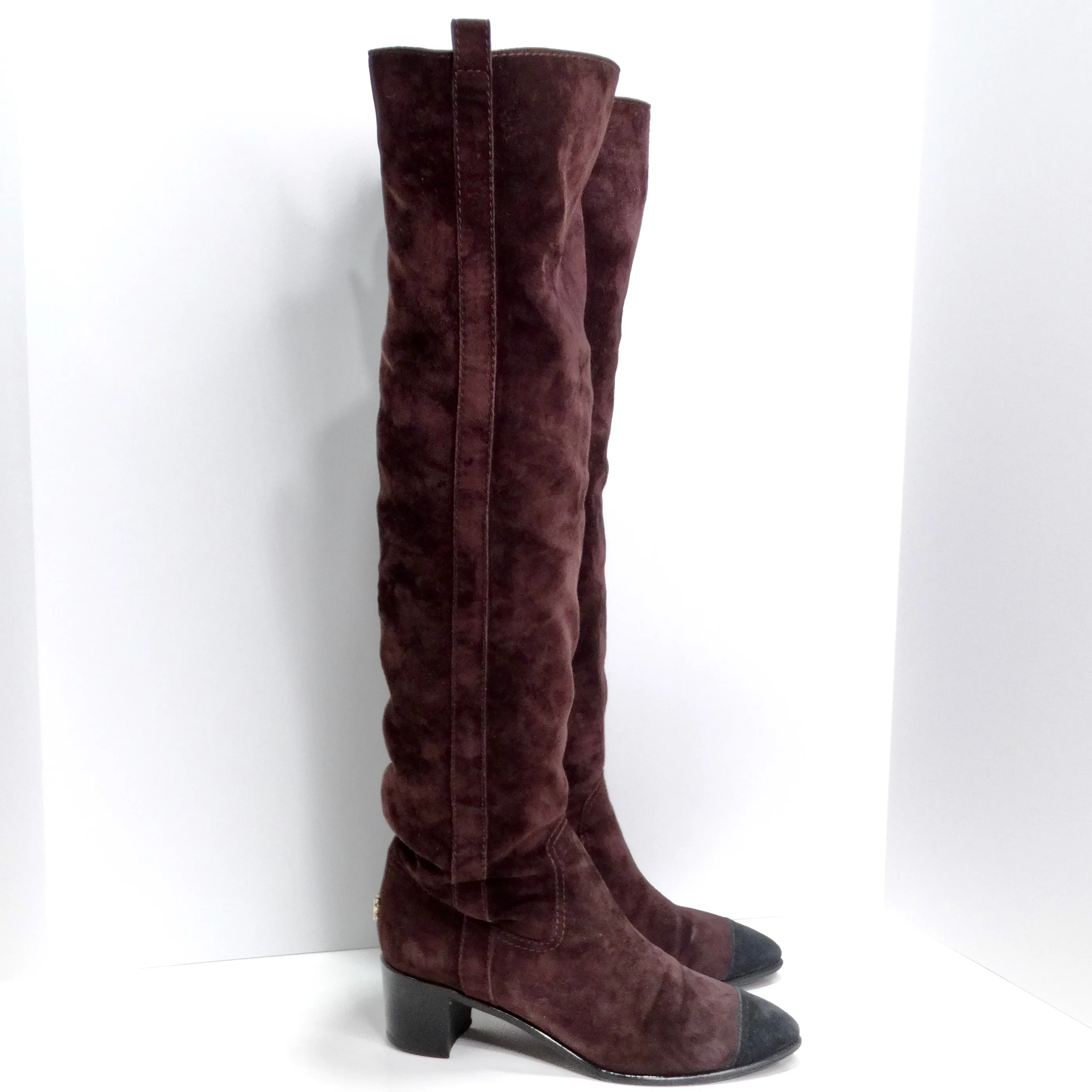 Chanel Burgundy Suede Cap Toe Over The Knee Boots