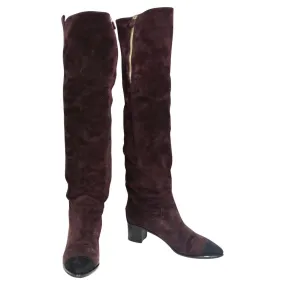 Chanel Burgundy Suede Cap Toe Over The Knee Boots