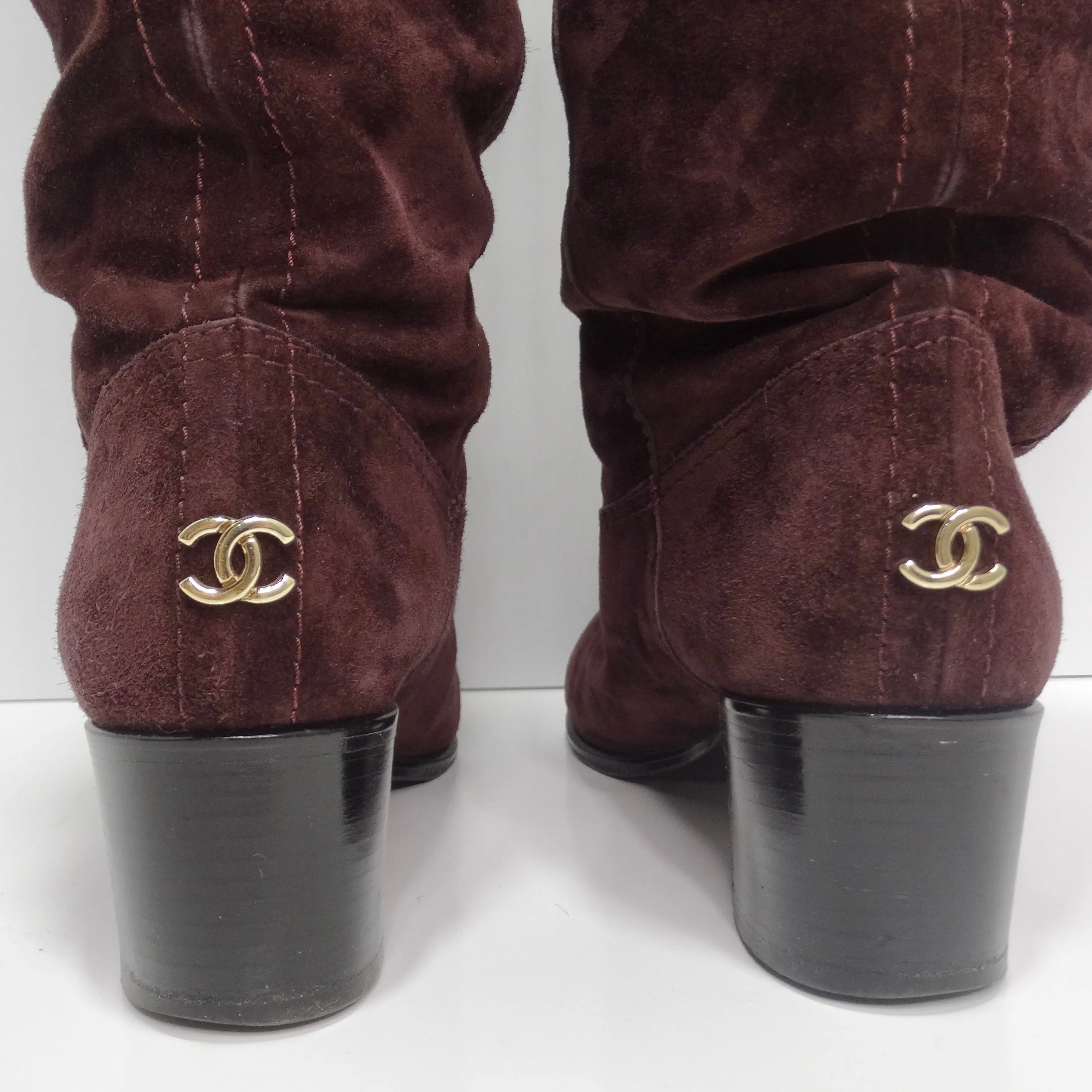 Chanel Burgundy Suede Cap Toe Over The Knee Boots