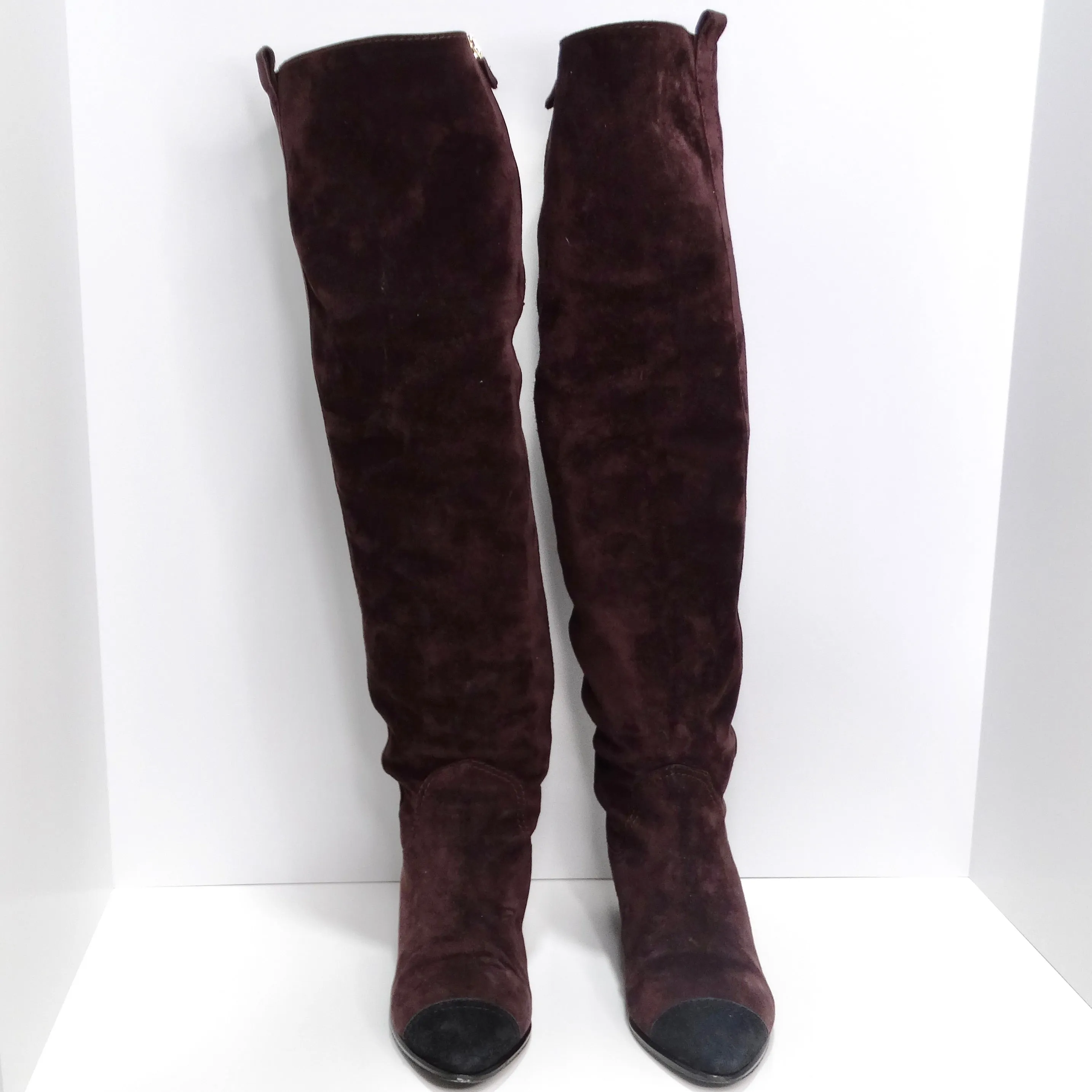 Chanel Burgundy Suede Cap Toe Over The Knee Boots