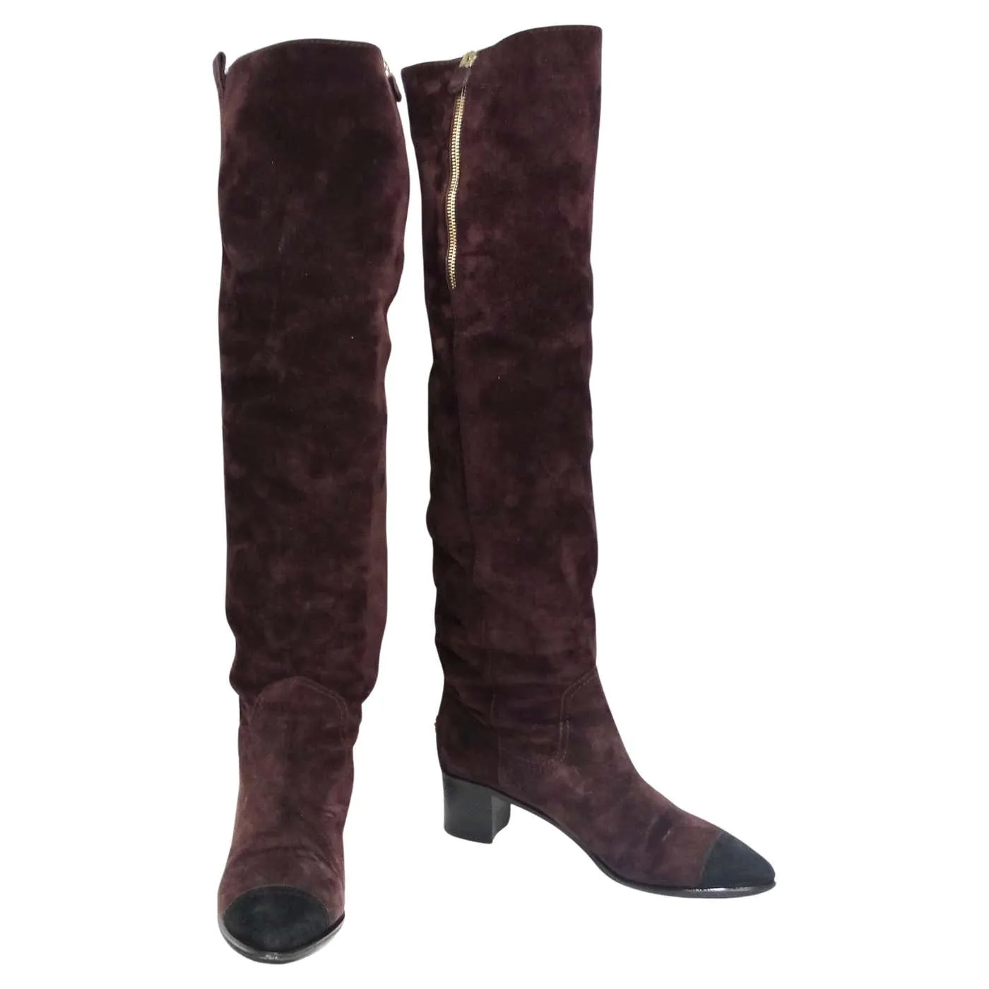 Chanel Burgundy Suede Cap Toe Over The Knee Boots