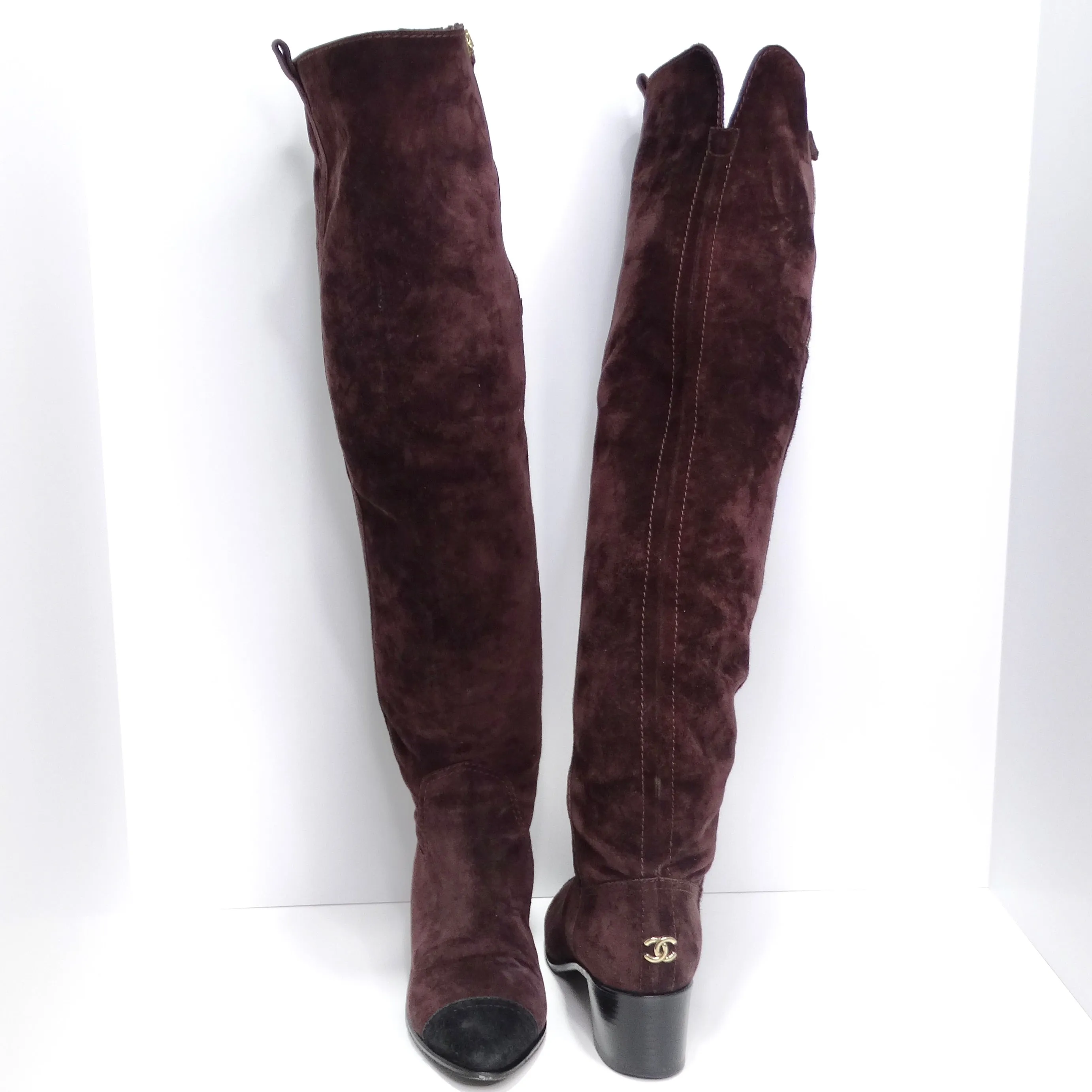 Chanel Burgundy Suede Cap Toe Over The Knee Boots