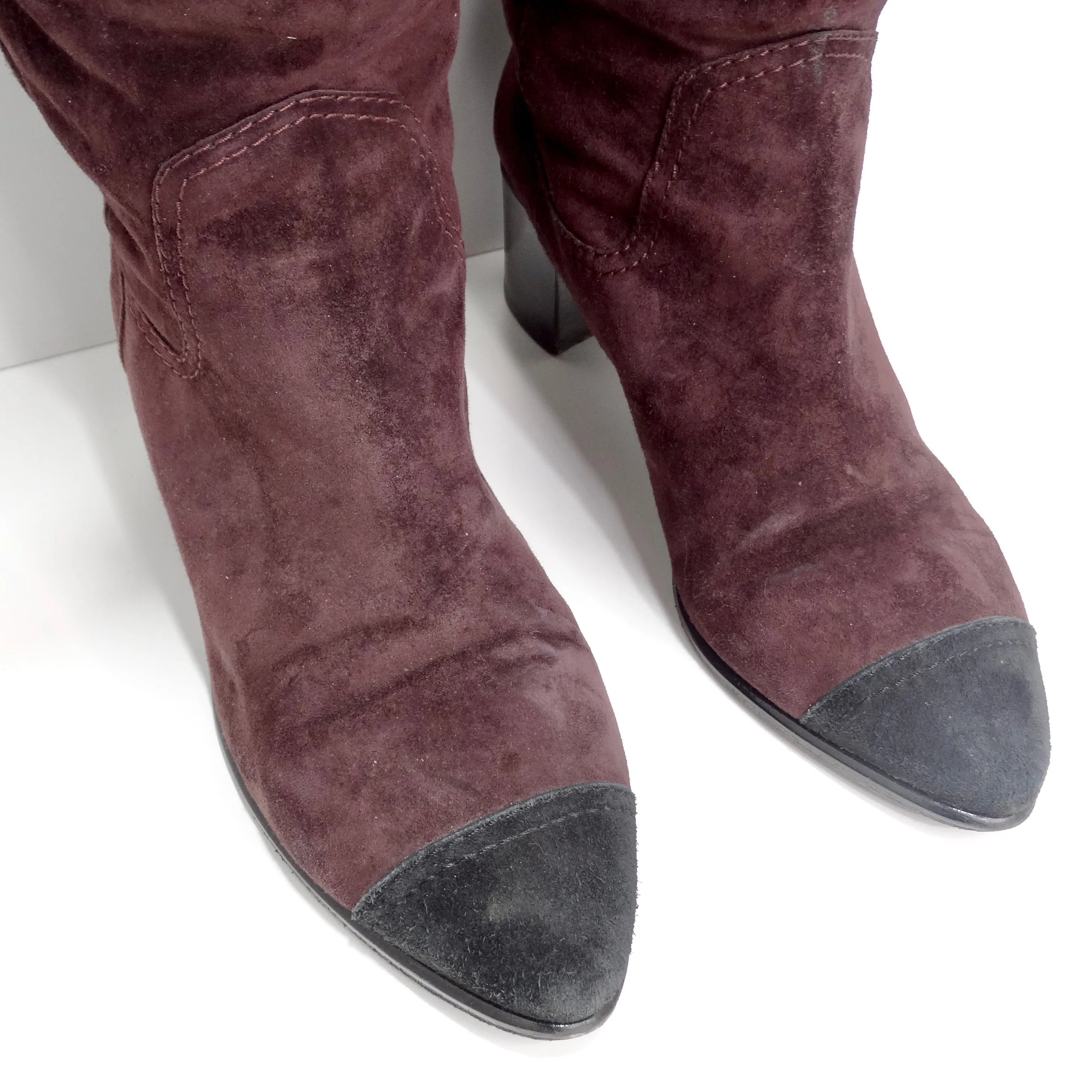 Chanel Burgundy Suede Cap Toe Over The Knee Boots