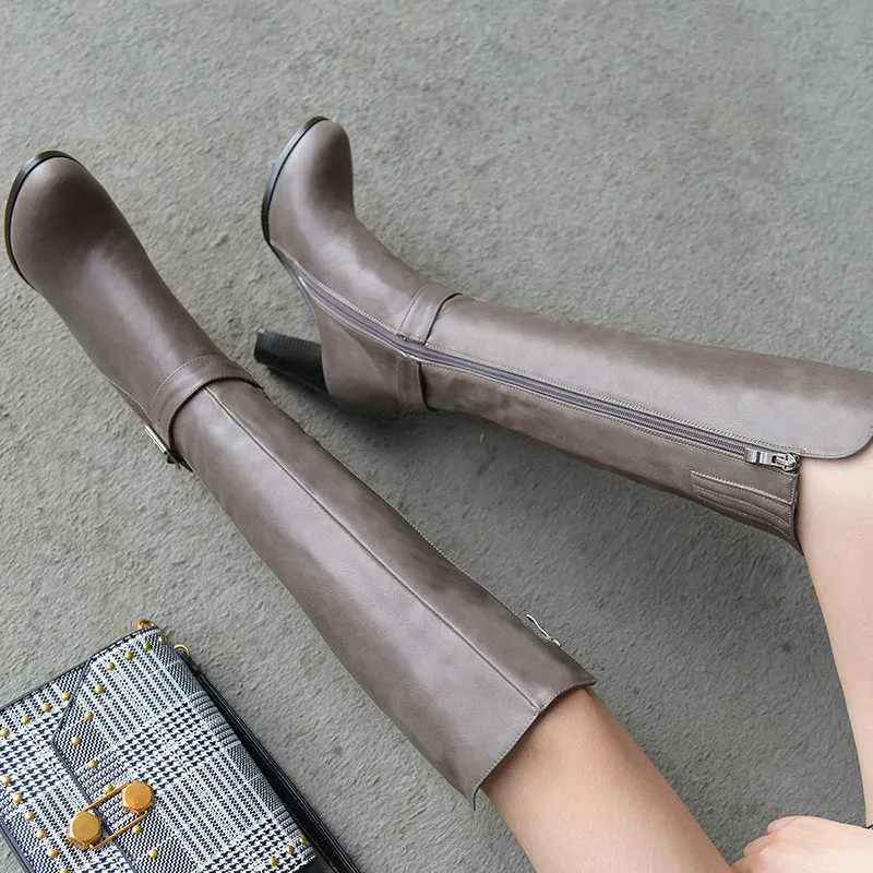 Chunky high heels knight boots with side zipper