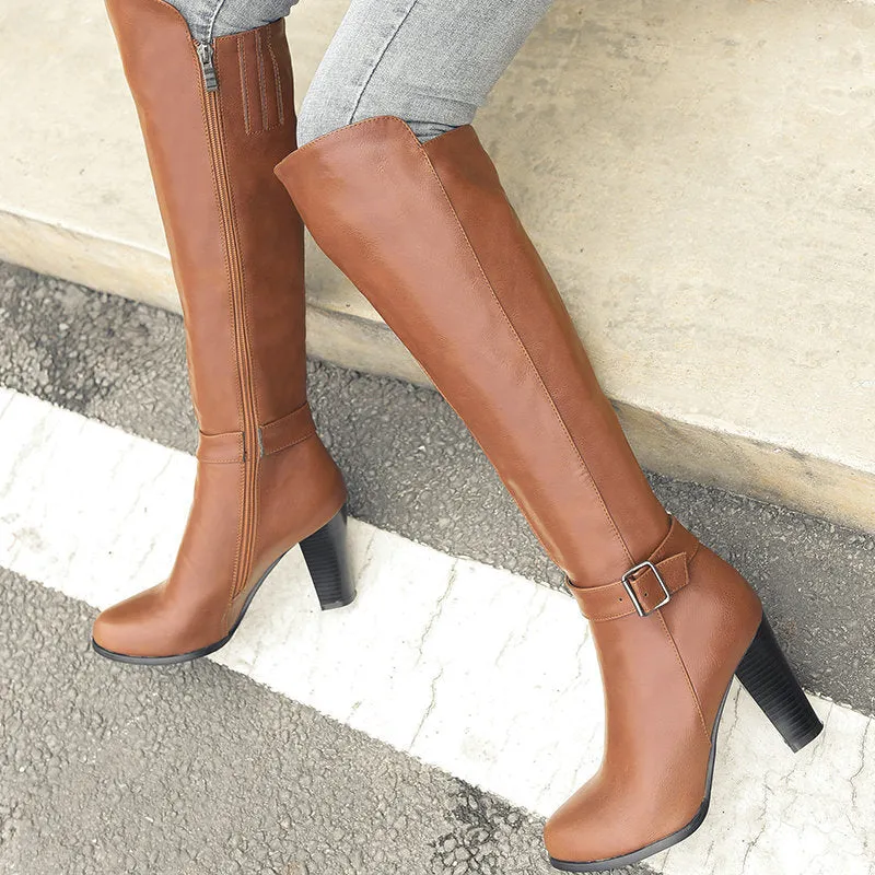 Chunky high heels knight boots with side zipper