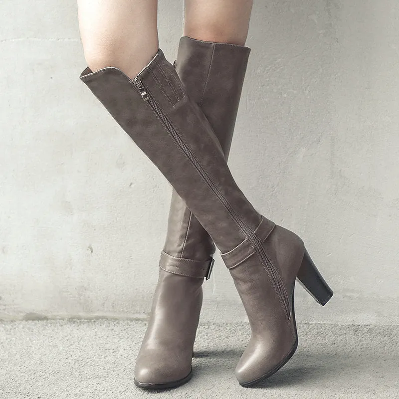 Chunky high heels knight boots with side zipper