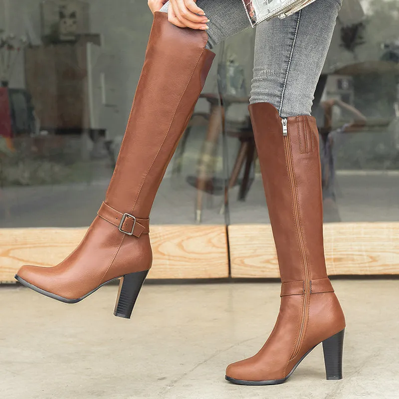 Chunky high heels knight boots with side zipper