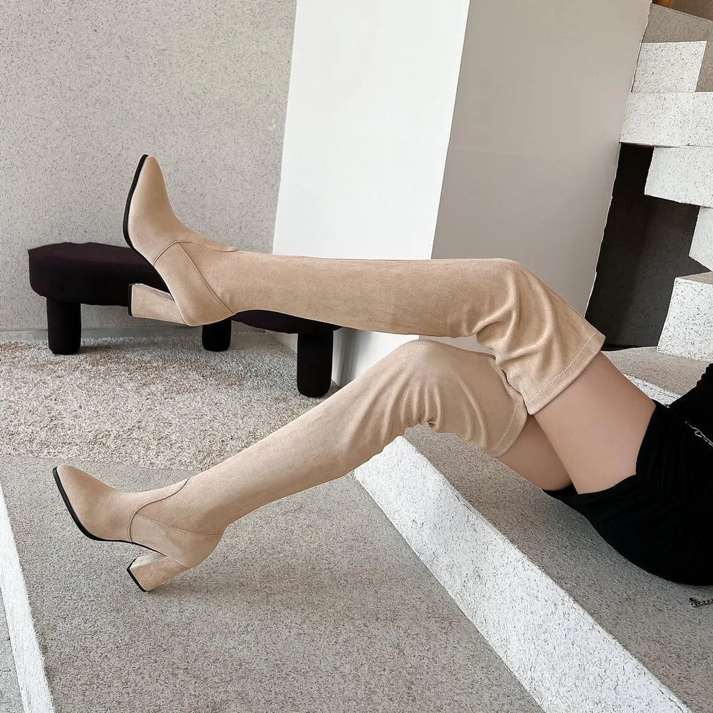 DINTAHA Stretch Suede Thigh High Heel Boots Pointed Toe Chunky Thigh High Heeled Boots Fall Boots