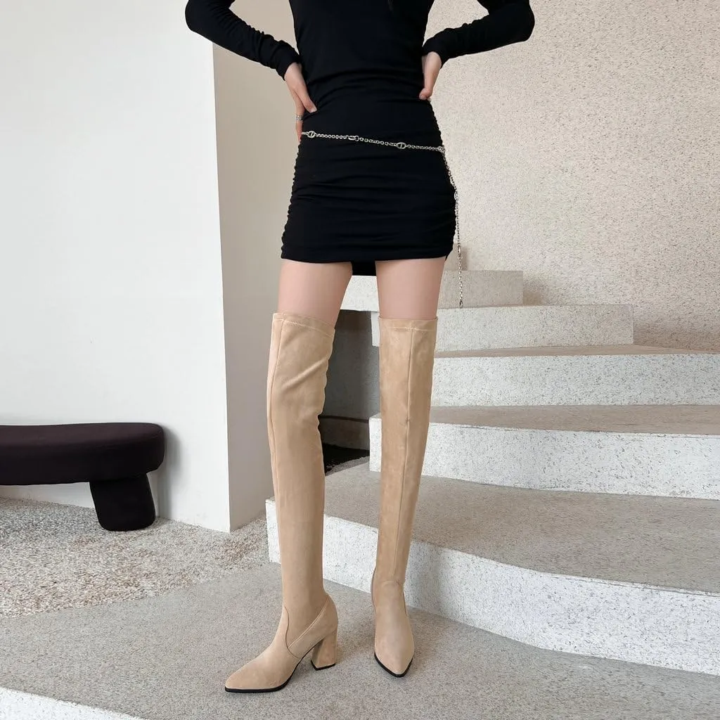 DINTAHA Stretch Suede Thigh High Heel Boots Pointed Toe Chunky Thigh High Heeled Boots Fall Boots