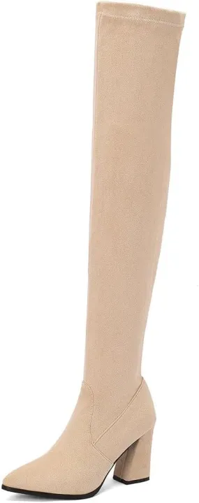 DINTAHA Stretch Suede Thigh High Heel Boots Pointed Toe Chunky Thigh High Heeled Boots Fall Boots