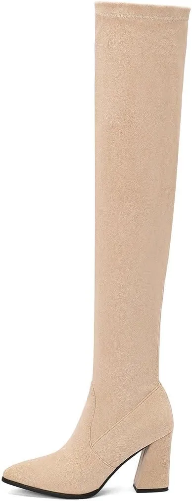 DINTAHA Stretch Suede Thigh High Heel Boots Pointed Toe Chunky Thigh High Heeled Boots Fall Boots