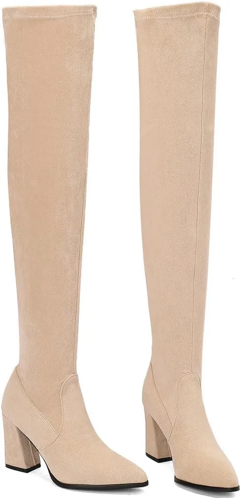 DINTAHA Stretch Suede Thigh High Heel Boots Pointed Toe Chunky Thigh High Heeled Boots Fall Boots