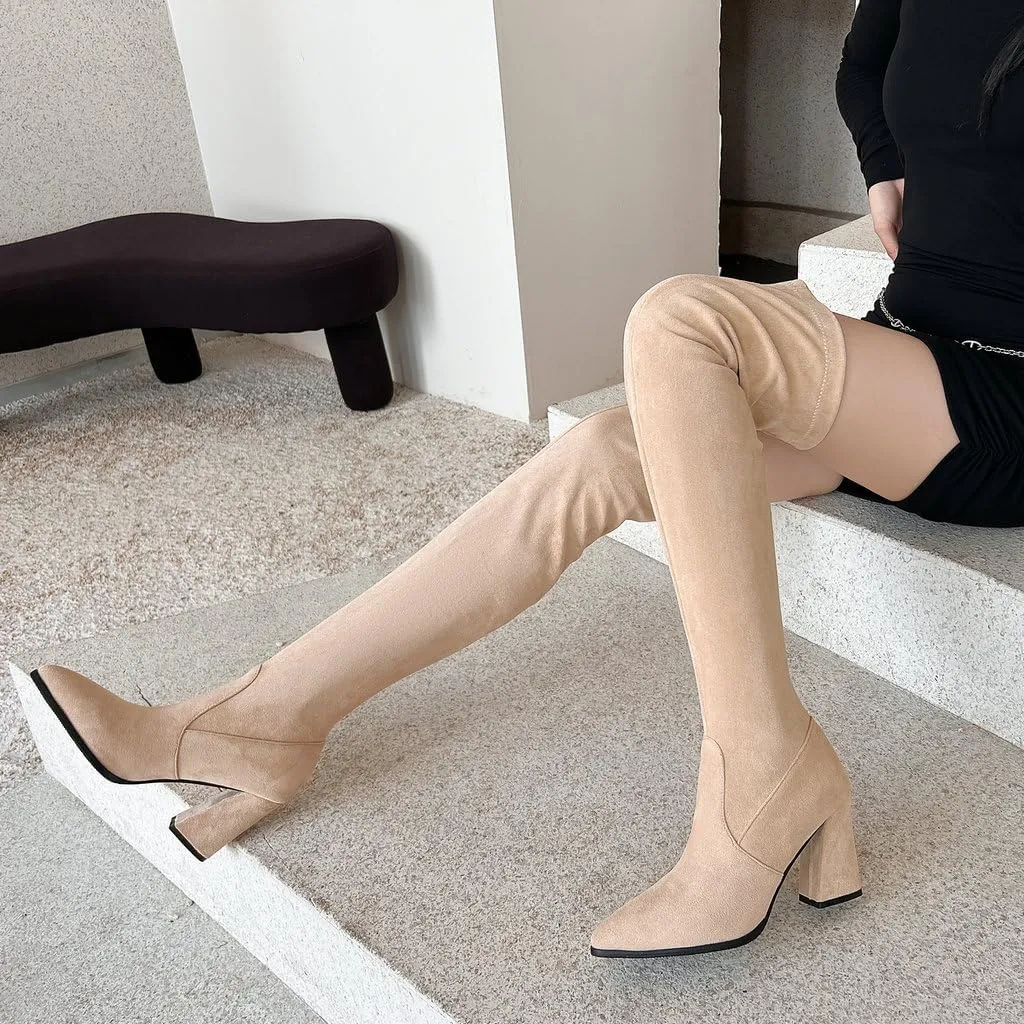 DINTAHA Stretch Suede Thigh High Heel Boots Pointed Toe Chunky Thigh High Heeled Boots Fall Boots