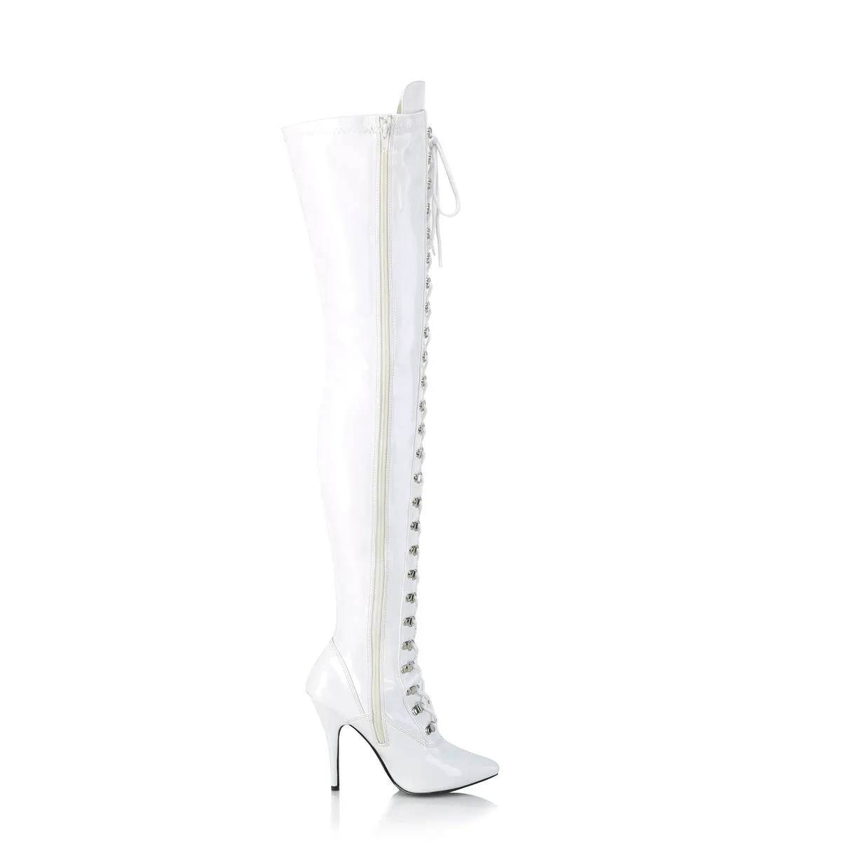 Domination Patent Stretch White Thigh High Boots