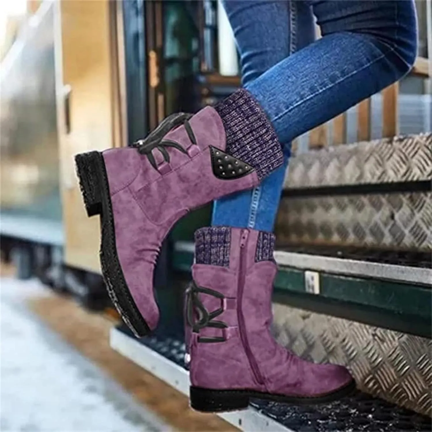 Fall Boots For Women 2024 Wide Calf Biker Boots Side Zipper Mid Calf Low Heel Motorcycle Fashion Riding Ankle Booties
