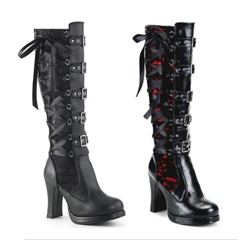 Fashion Chunky Rivet Long Black Platform Boots For Women