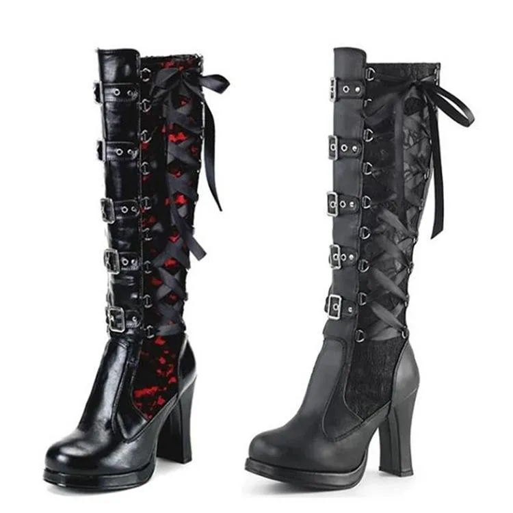 Fashion Chunky Rivet Long Black Platform Boots For Women