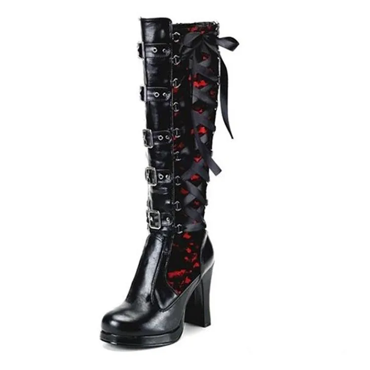 Fashion Chunky Rivet Long Black Platform Boots For Women