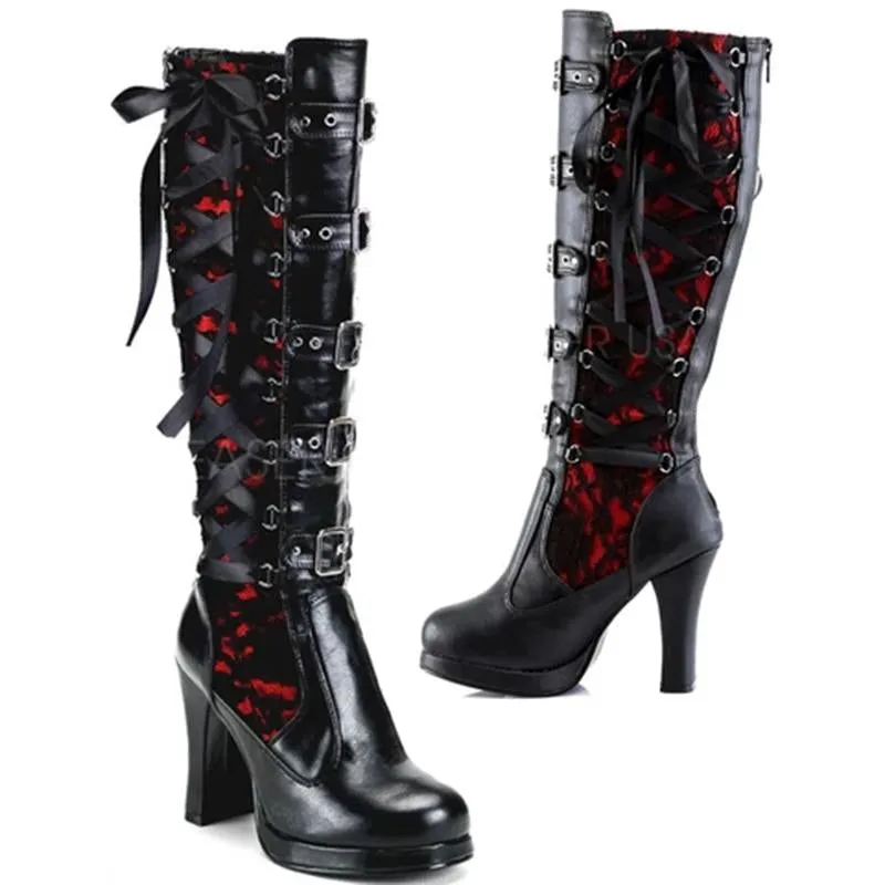 Fashion Chunky Rivet Long Black Platform Boots For Women