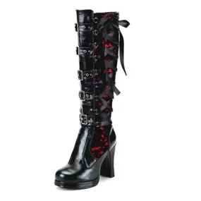 Fashion Chunky Rivet Long Black Platform Boots For Women