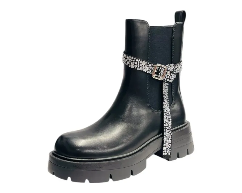 Faux Leather Rhinestone Chelsea Ankle Boots