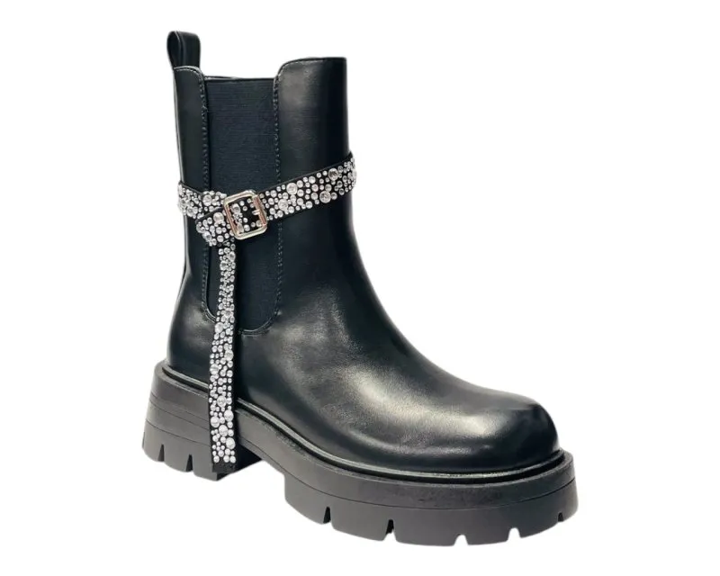 Faux Leather Rhinestone Chelsea Ankle Boots