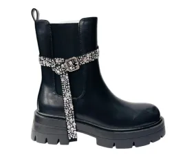 Faux Leather Rhinestone Chelsea Ankle Boots