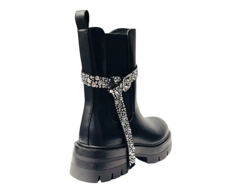 Faux Leather Rhinestone Chelsea Ankle Boots