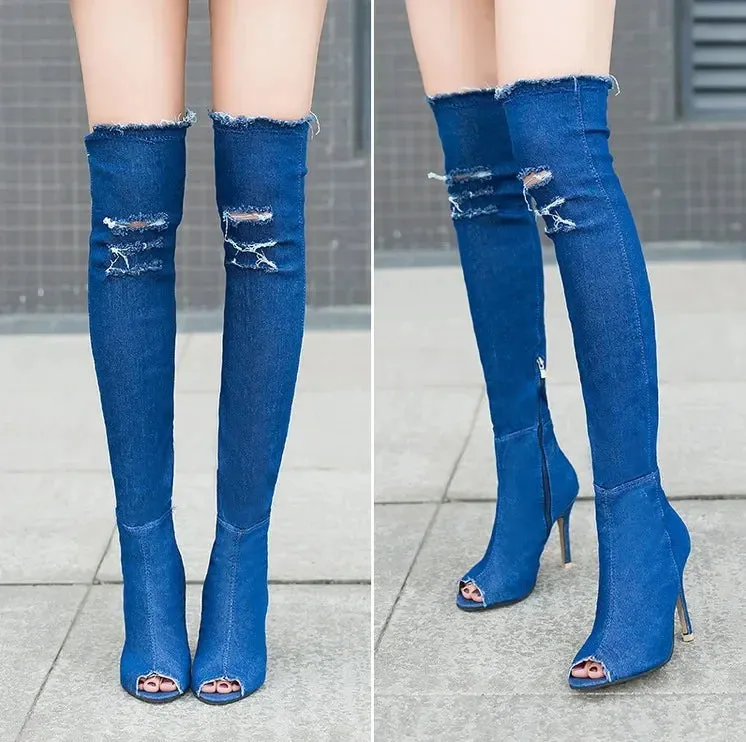 Funki Buys | Boots | Women's Denim Over Knee Stiletto Boots