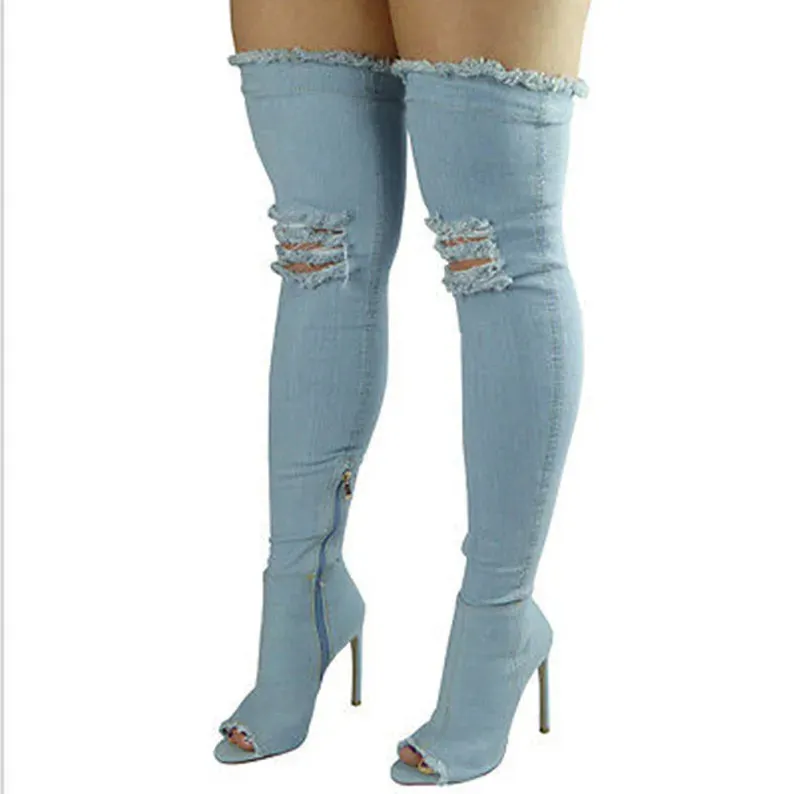 Funki Buys | Boots | Women's Denim Over Knee Stiletto Boots