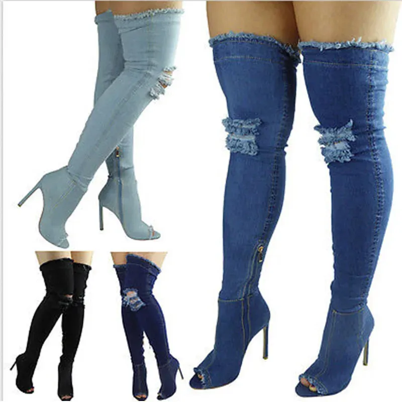 Funki Buys | Boots | Women's Denim Over Knee Stiletto Boots