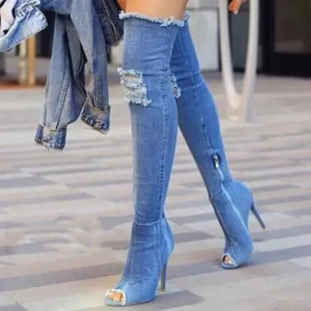 Funki Buys | Boots | Women's Denim Over Knee Stiletto Boots