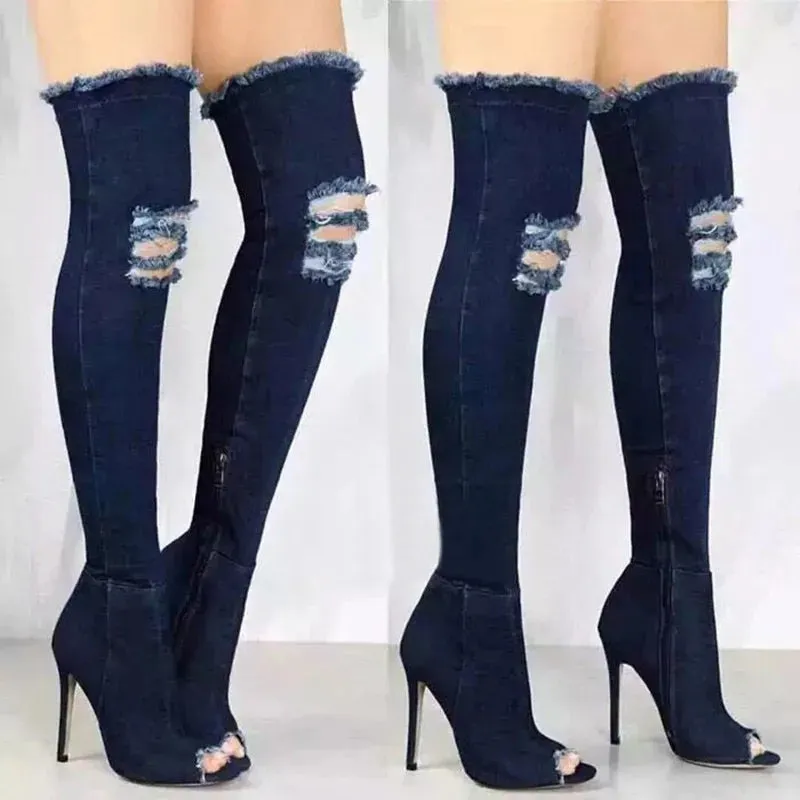 Funki Buys | Boots | Women's Denim Over Knee Stiletto Boots