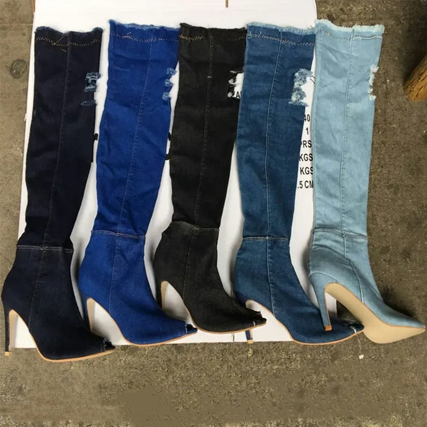 Funki Buys | Boots | Women's Denim Over Knee Stiletto Boots