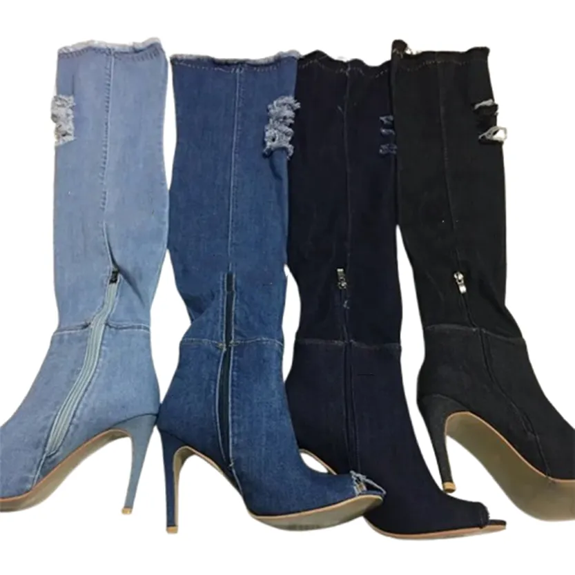Funki Buys | Boots | Women's Denim Over Knee Stiletto Boots