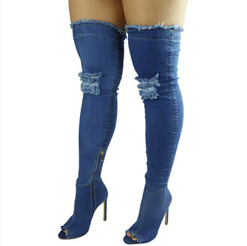 Funki Buys | Boots | Women's Denim Over Knee Stiletto Boots