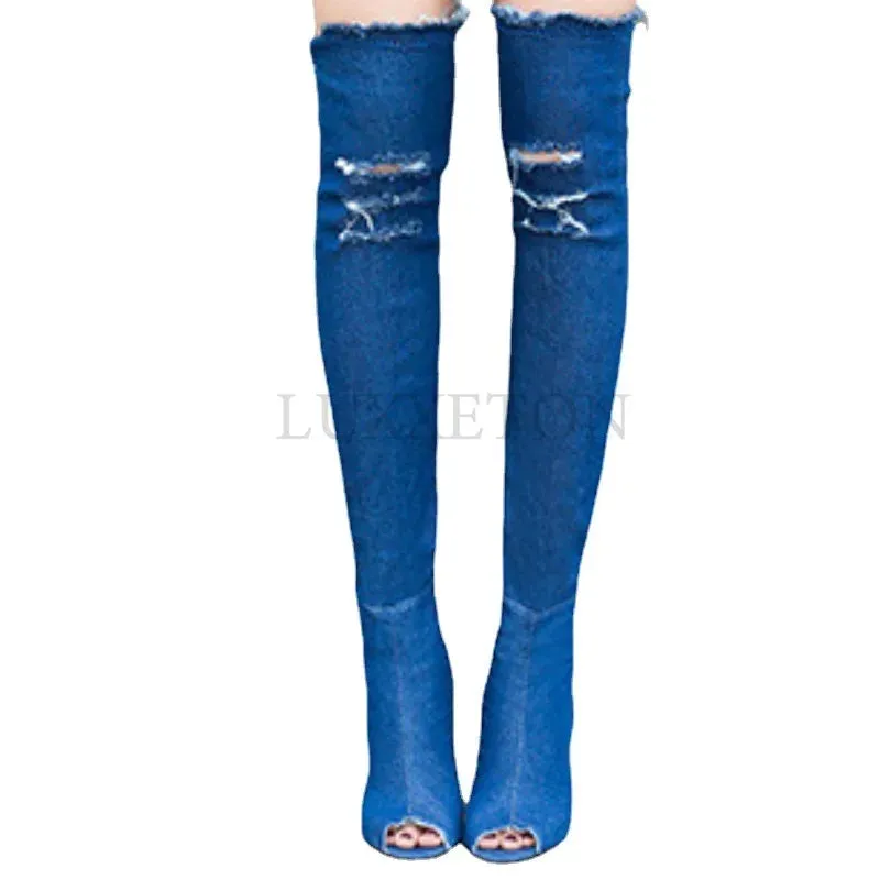 Funki Buys | Boots | Women's Denim Over Knee Stiletto Boots