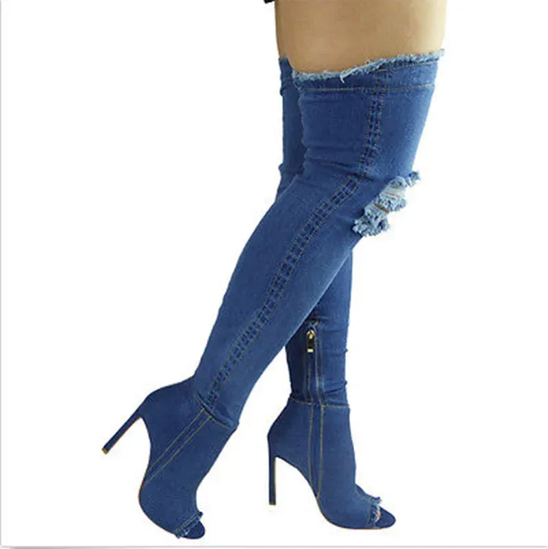 Funki Buys | Boots | Women's Denim Over Knee Stiletto Boots