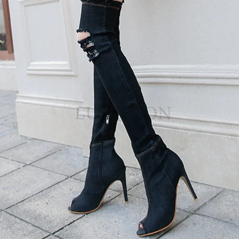 Funki Buys | Boots | Women's Denim Over Knee Stiletto Boots