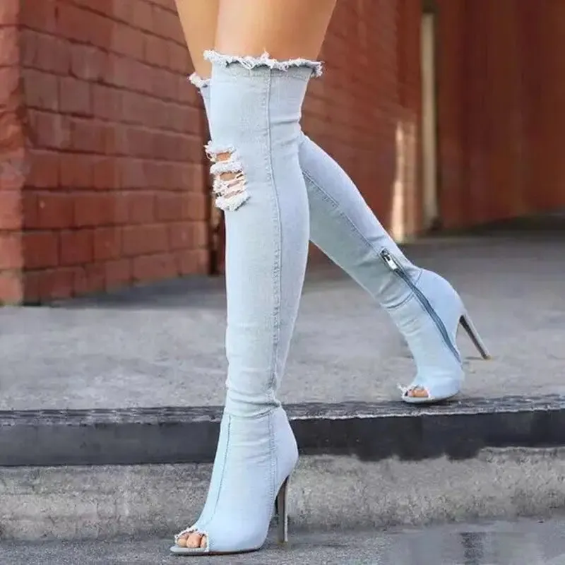 Funki Buys | Boots | Women's Denim Over Knee Stiletto Boots
