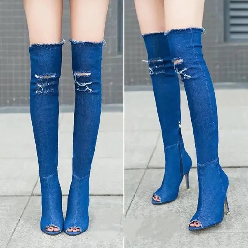 Funki Buys | Boots | Women's Denim Over Knee Stiletto Boots
