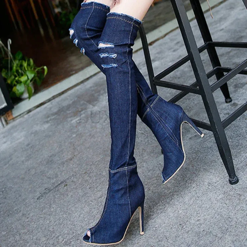 Funki Buys | Boots | Women's Denim Over Knee Stiletto Boots