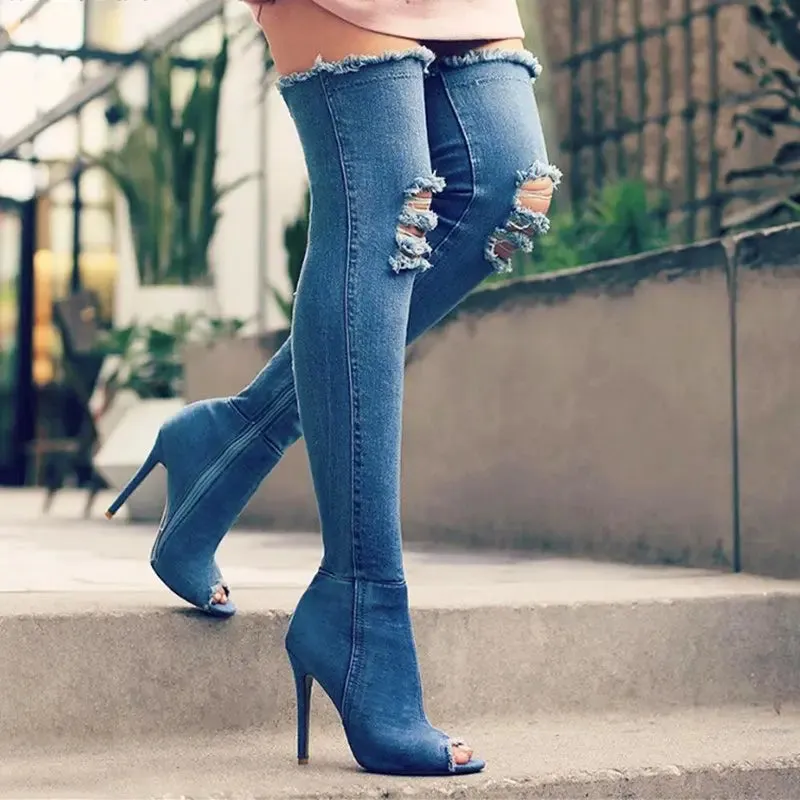 Funki Buys | Boots | Women's Denim Over Knee Stiletto Boots