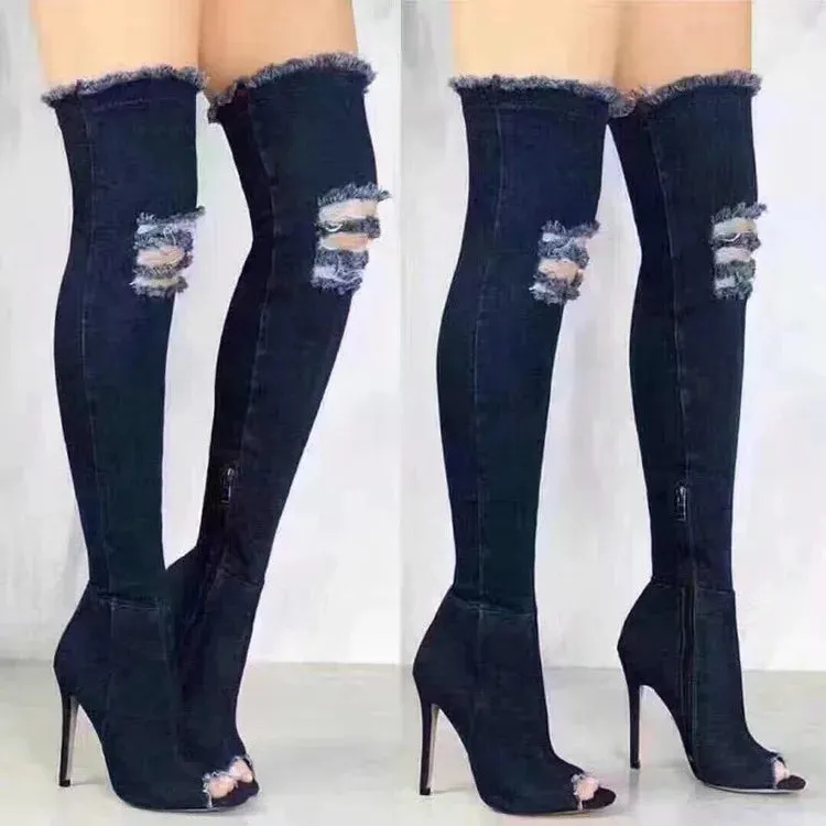 Funki Buys | Boots | Women's Denim Over Knee Stiletto Boots