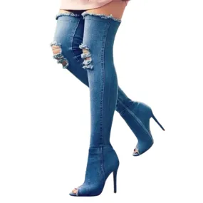 Funki Buys | Boots | Women's Denim Over Knee Stiletto Boots