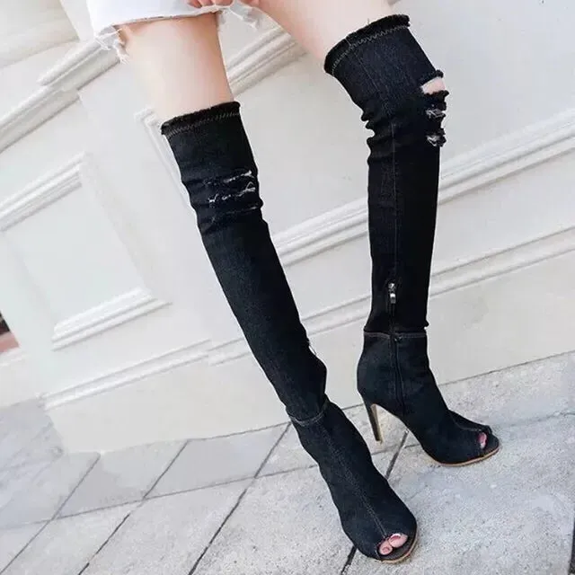 Funki Buys | Boots | Women's Denim Over Knee Stiletto Boots