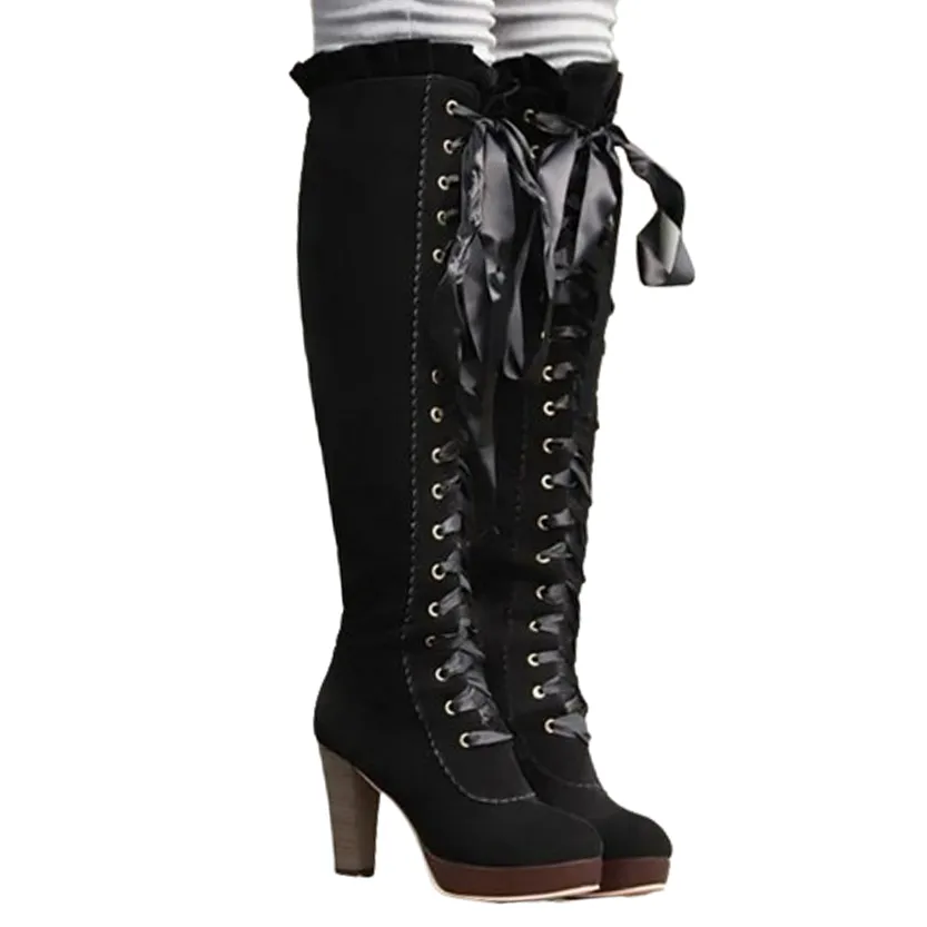 Funki Buys | Boots | Women's Over Knee Ribbon Lace Up Boots